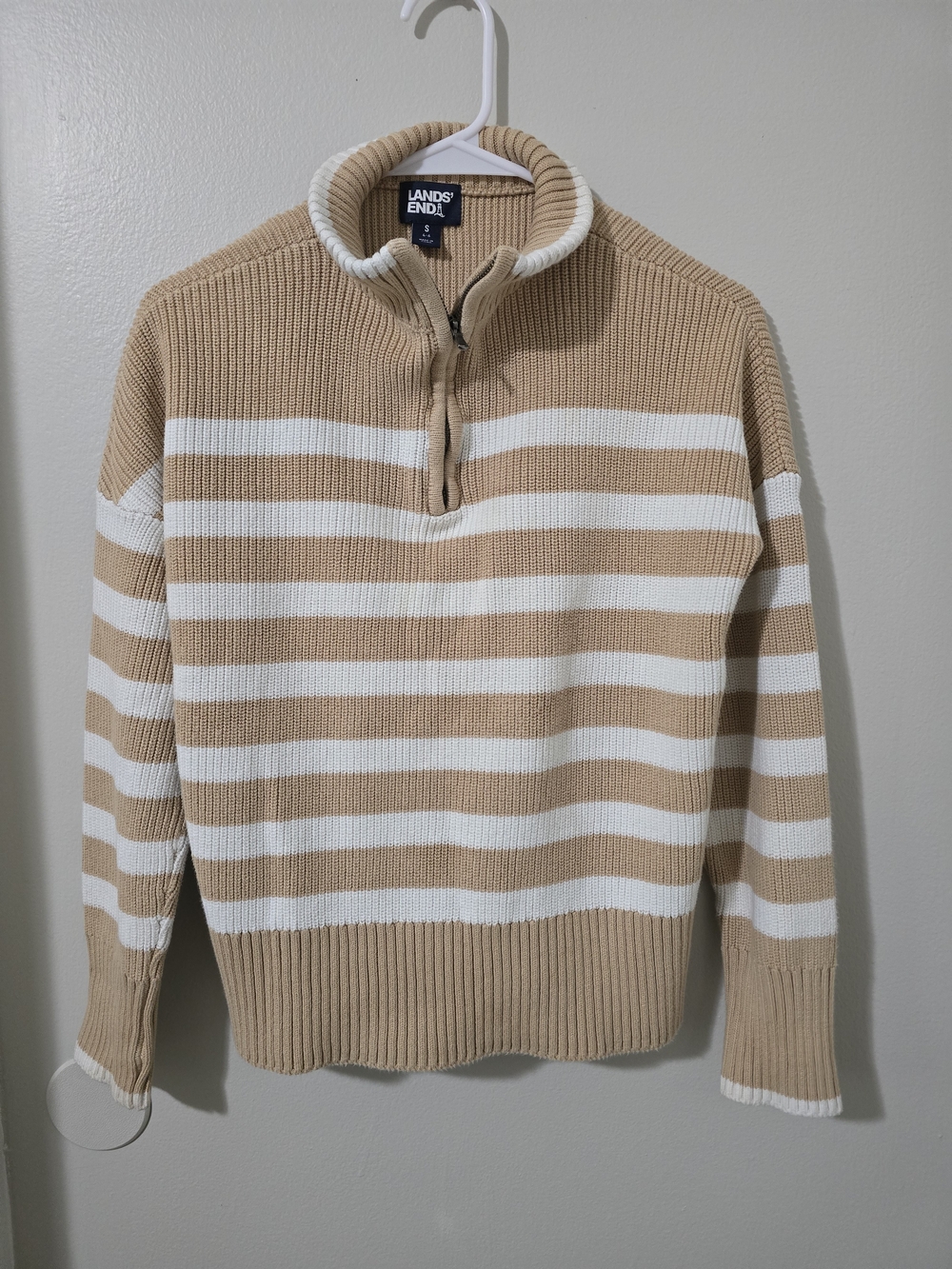 Lands' End Woman's Tan & White Stripe Half-Zip Sweater - Picture 3 of 5
